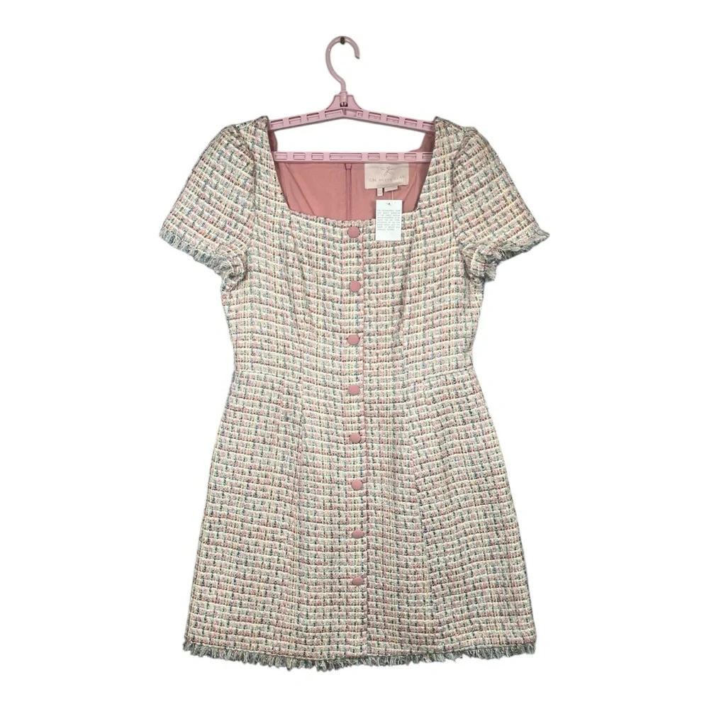 NWOT Gal Meets Glam Stacy Boucle Mini Dress Tweed Pink Retro Fringe Button US 12